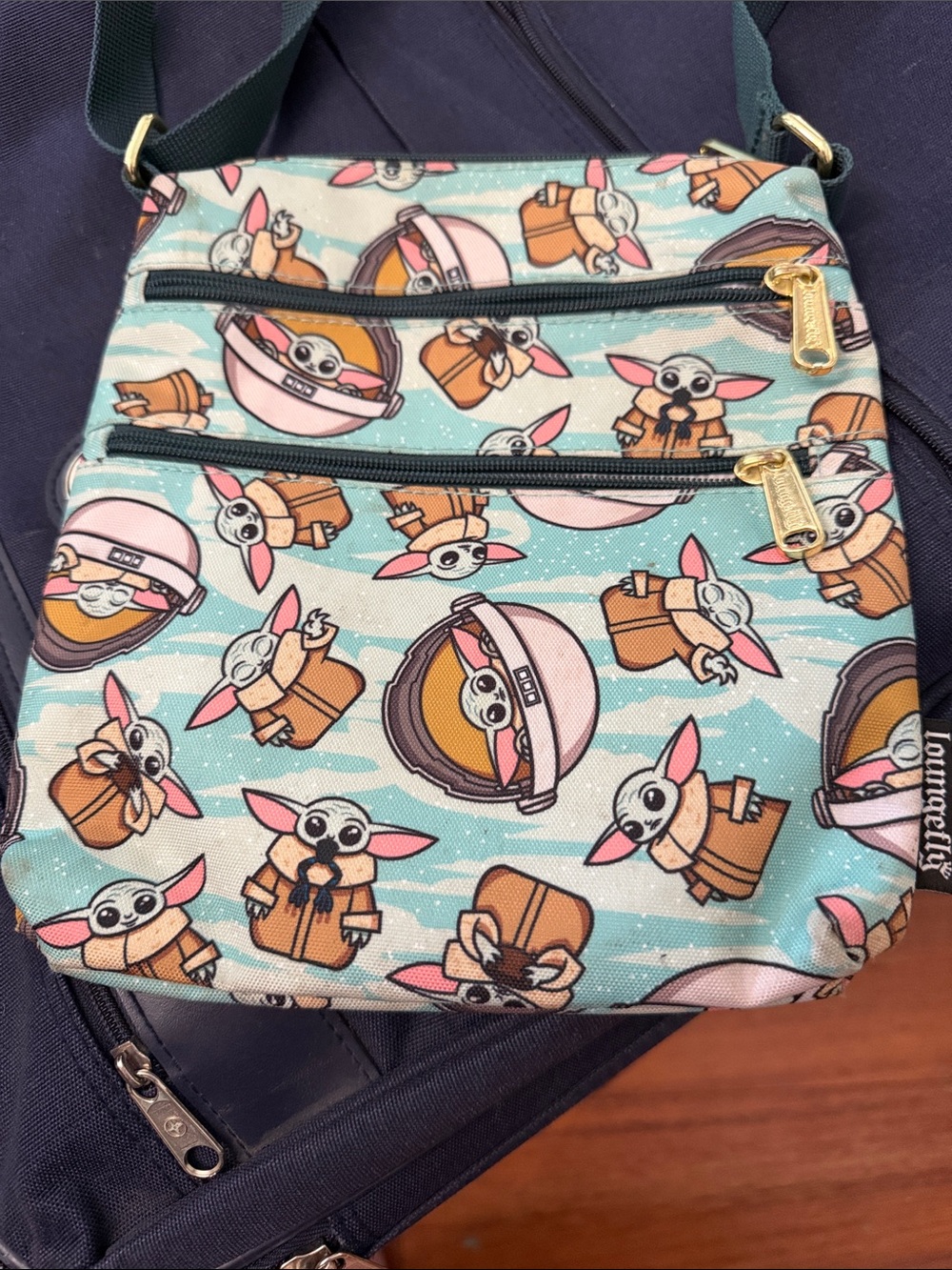 Loungefly Grogu Pattern Crossbody Bag in Mint, Pink and Teal - Picture 2 of 3